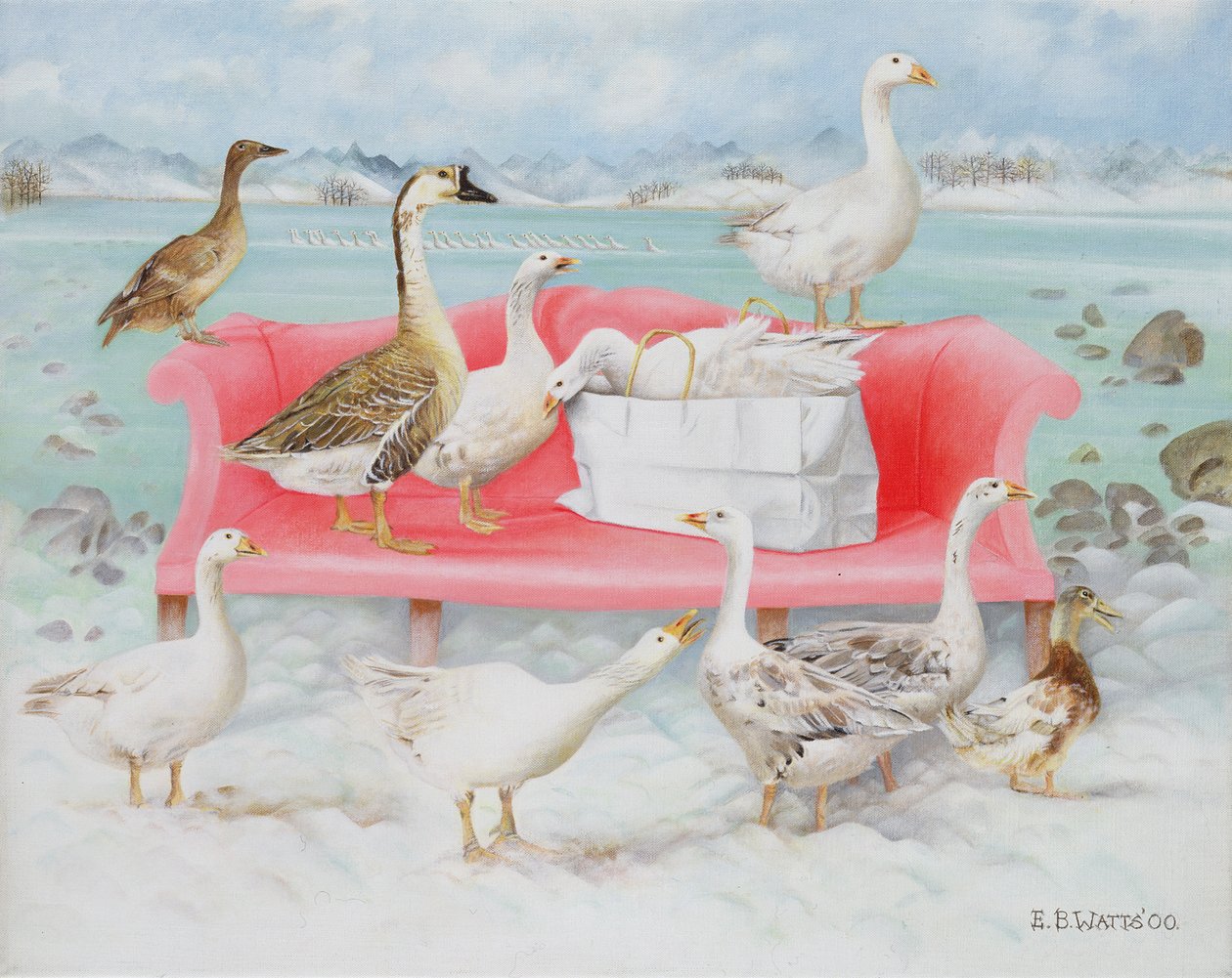 Ganzen op Roze Bank door E.B. Watts