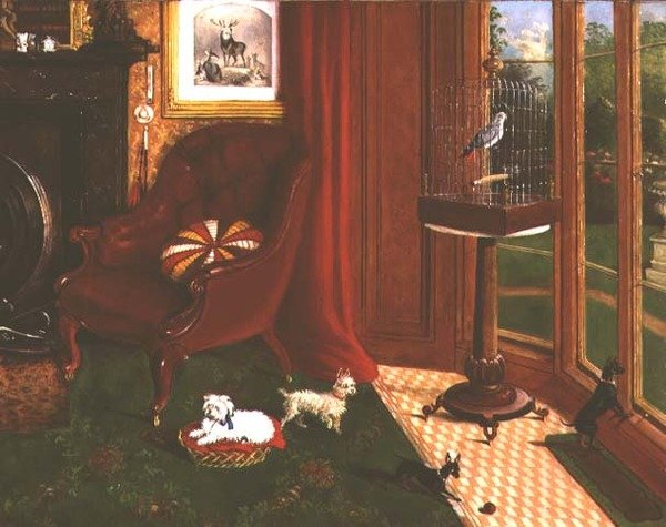 Interieur met terriërs en een papegaai in een kooi door E.M. Fox