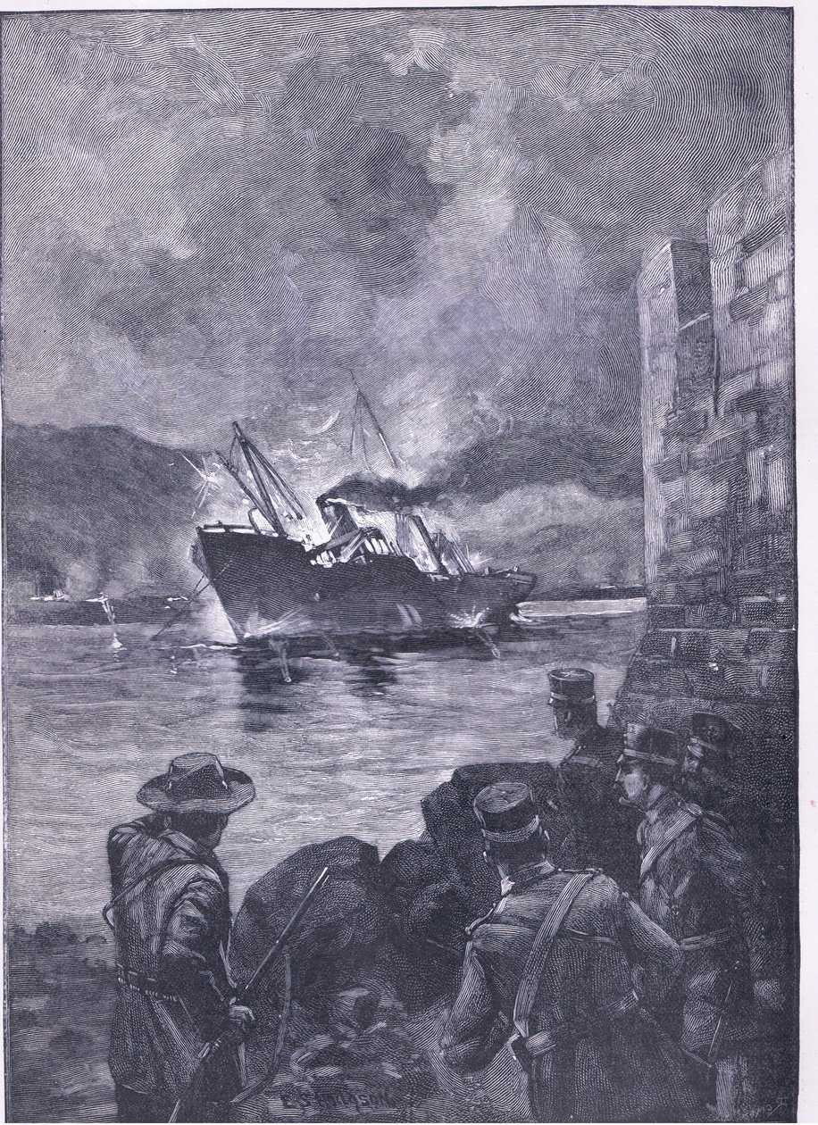 De Spaans-Amerikaanse Oorlog: Het zinken van de Merrimac, illustratie uit Cassells Geschiedenis van Engeland, 1900s door E.S. Hodgson