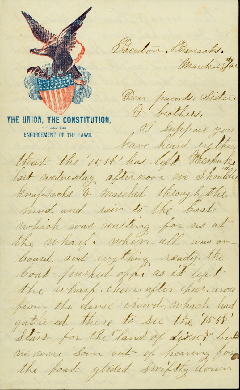 Brief ondertekend door E.G. Black, Benton Barracks, Mo., aan zijn ouders, zus en broers, 28 maart 1862 door E. G. Black