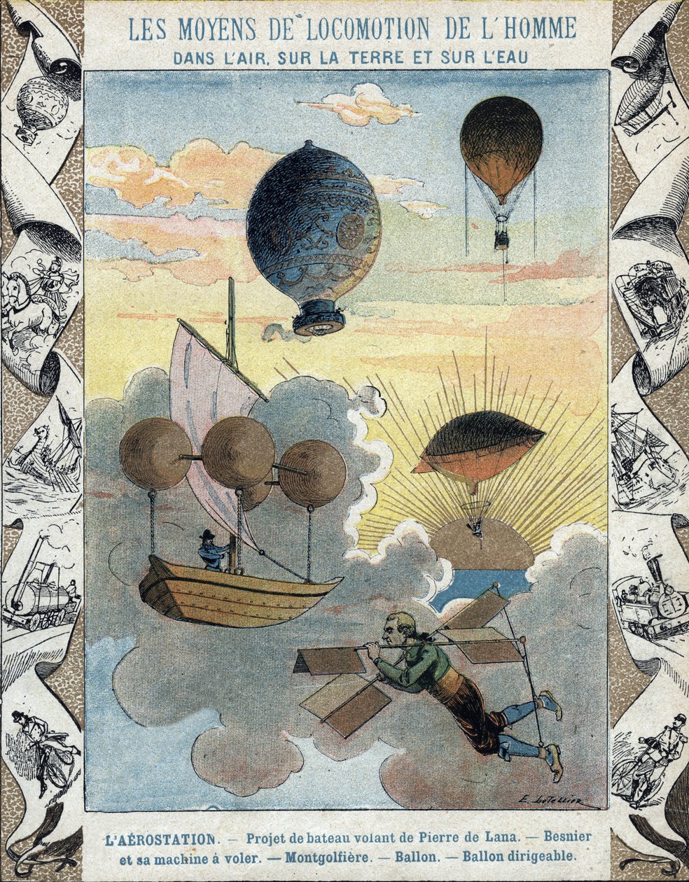 Aerostation - Vliegende bootproject van Pierre de Lana - Vliegend toestel van Besnier (1678) - Ballon - Ballon - Luchtschipballon - illustratie door E Letellier - Bescherm historisch notitieboek, eind 19e eeuw door E. Letellier