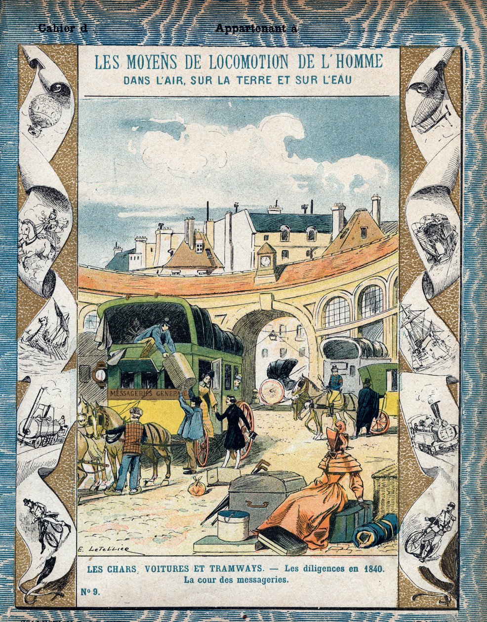 Diligence in 1840 - de binnenplaats van de koeriersdiensten - Stagecoach in 1840 - Van een beschermhoes voor schoolboeken, eind 19e eeuw - illustratie door E. Letellier - Bescherm historisch notitieboek, eind 19e eeuw door E. Letellier