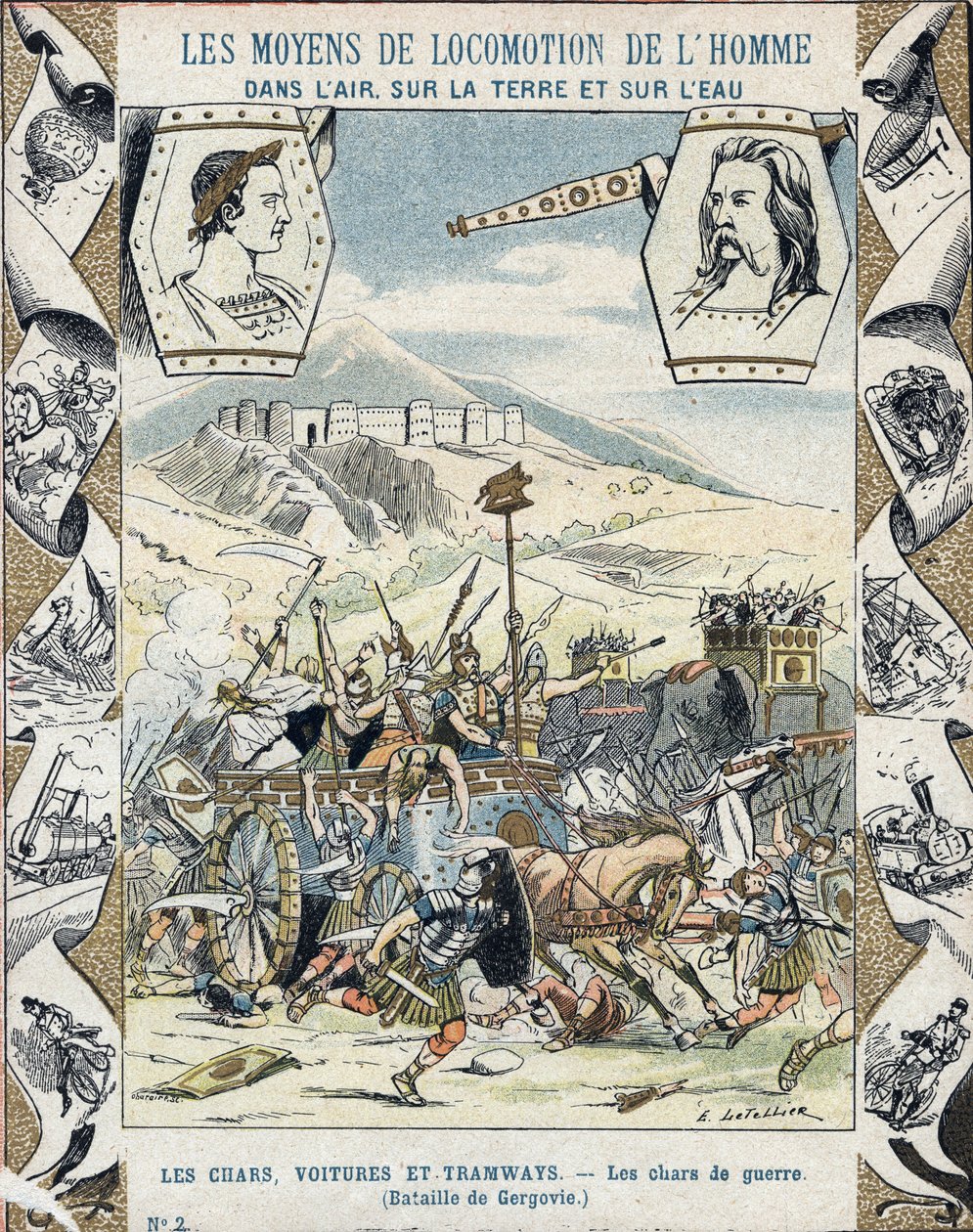 Gallische oorlogswagens bij de Slag om Gergovia - Van een beschermhoes voor schoolboeken, eind 19e eeuw - Tanks de guerre a faux - Vercingetorix bij de slag om Gergovia (52 v.Chr.) tijdens de oorlog van de Galliërs - illustratie door E Letellier - Bescherm door E. Letellier