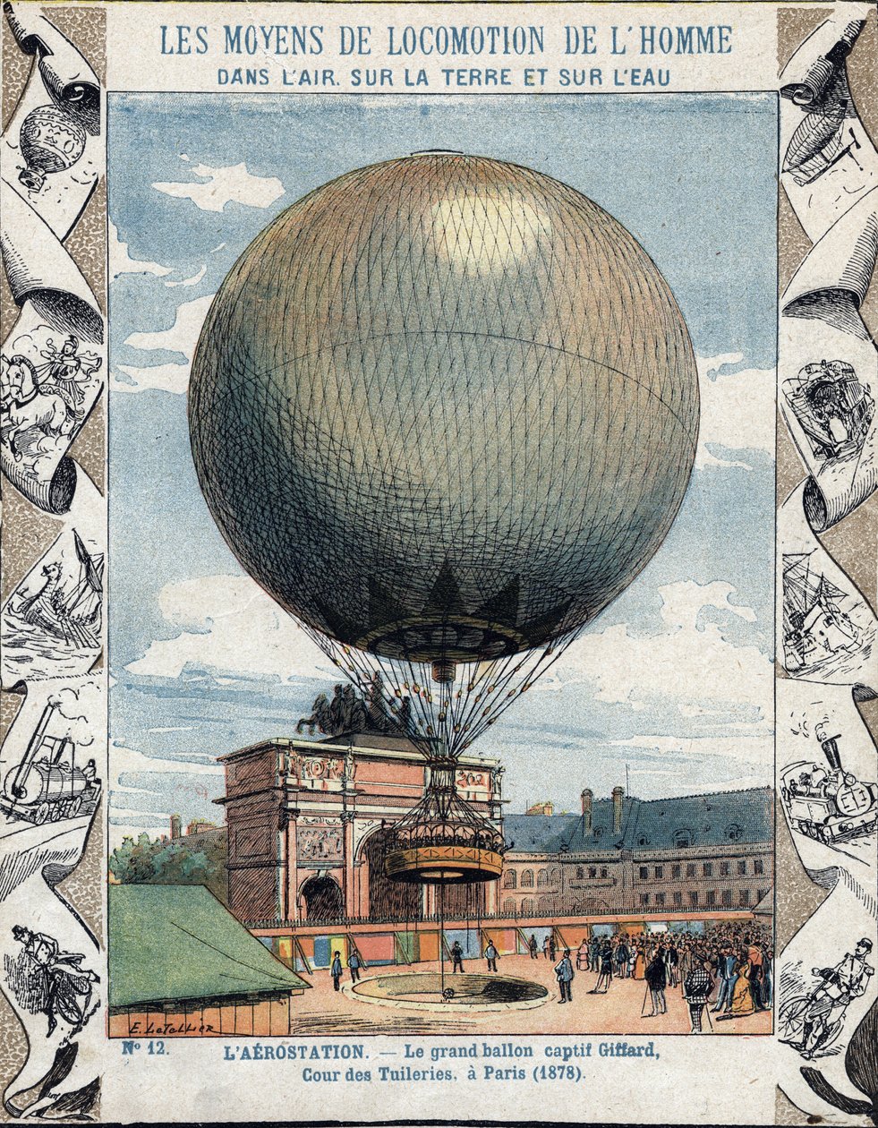Operatie van inflatie en uitrusting van de gevangen ballon van Henry Giffard in de Tuilerieën in Parijs 1878 - Van een beschermhoes voor schoolboeken, eind 19e eeuw - illustratie door E Letellier - wereldtentoonstelling van 1878 in Parijs: inflatie van door E. Letellier