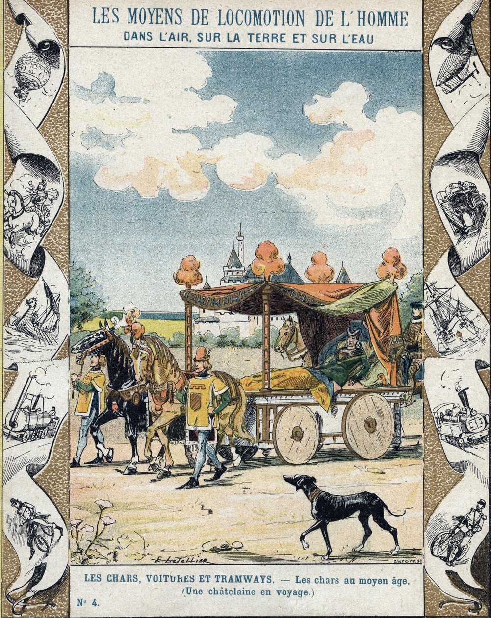 Tanks in de Middeleeuwen - Een kasteelvrouw op reis - illustratie door E Letellier - Beschermt historisch notitieboek, eind 19e eeuw door E. Letellier