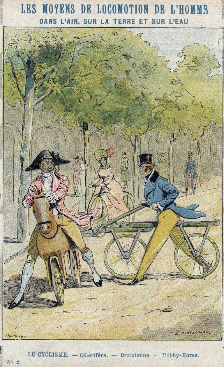 Velocipedes - Engelse celerifere - Draisienne, voorloper van de fiets - Van een beschermhoes voor schoolboeken, late 19e eeuw - illustratie door E Letellier - Celerifere - Draisienne - Hobby-Horse (Nobby Horse) - Bescherm historische notitieboek, eind 19e  door E. Letellier
