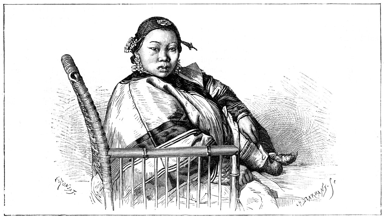 Vrouw met gebonden voeten, China, 19e eeuw door Etienne Antoine Eugene Ronjat
