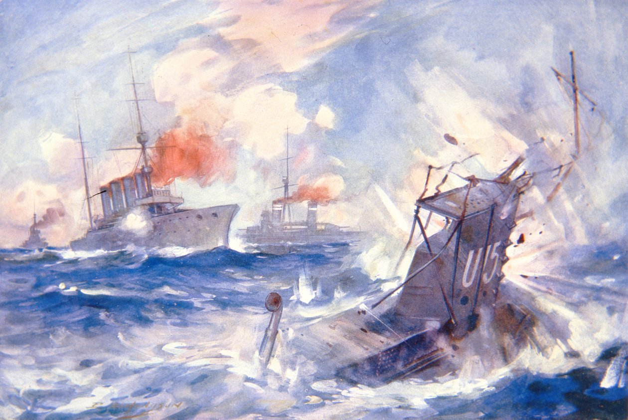 Het zinken van de Duitse onderzeeër U15 door HMS Birmingham door E. S. (after) Hodgson