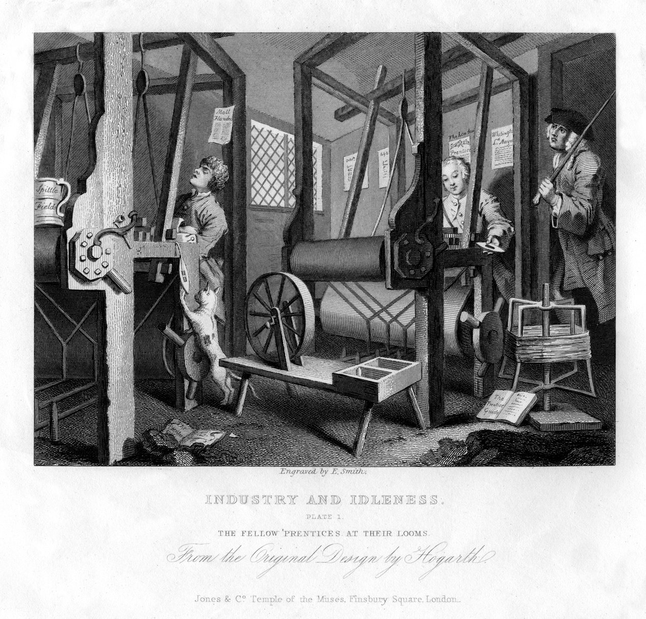 De mede-leerlingen aan hun weefgetouwen, plaat I van Industrie en IJver, 1833 door E. Smith