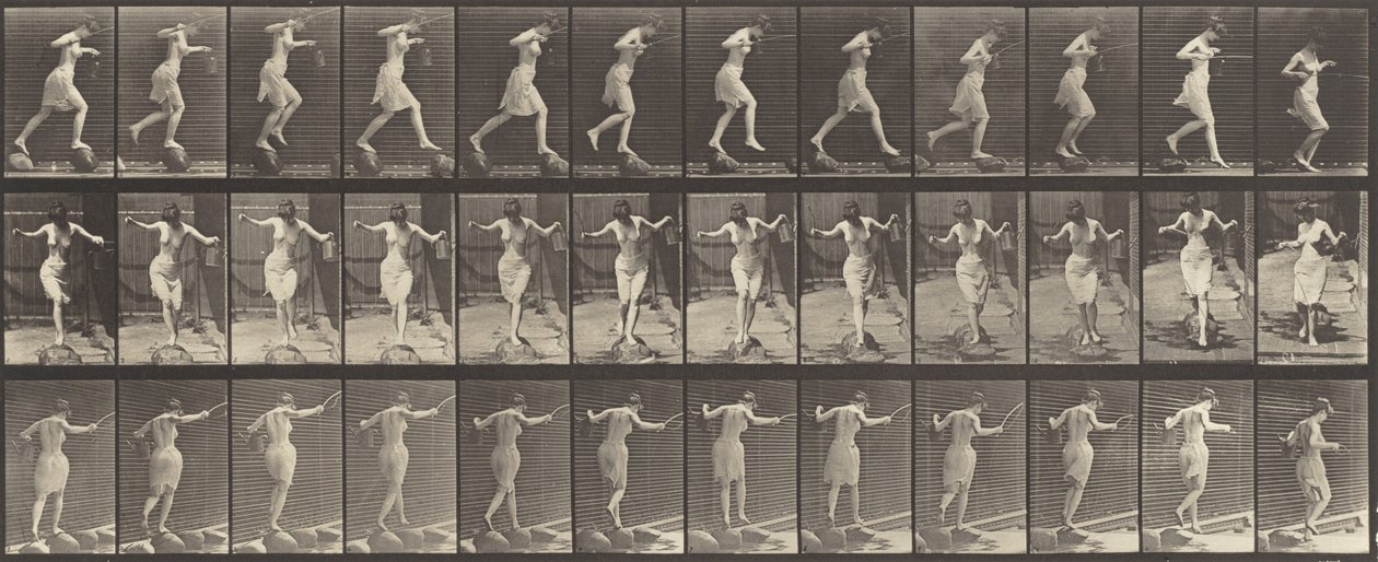 Plaat Nummer 175. Oversteken van een beek op stapstenen met een vislijn en blik, 1887 door Eadweard Muybridge