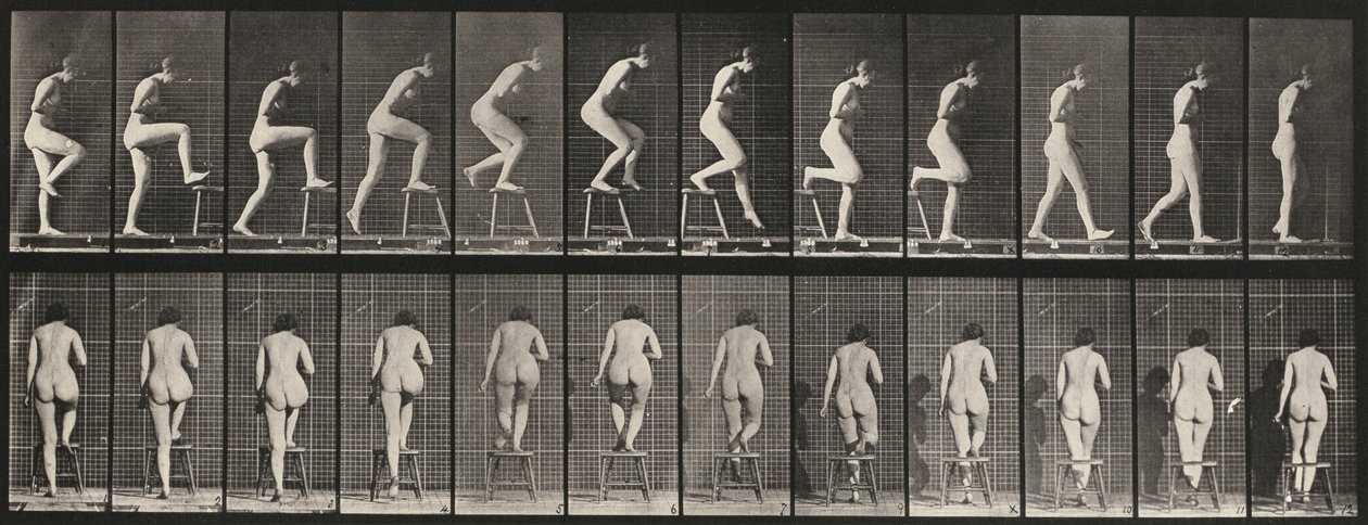 Blad Nummer 180. Op en over een stoel stappen door Eadweard Muybridge