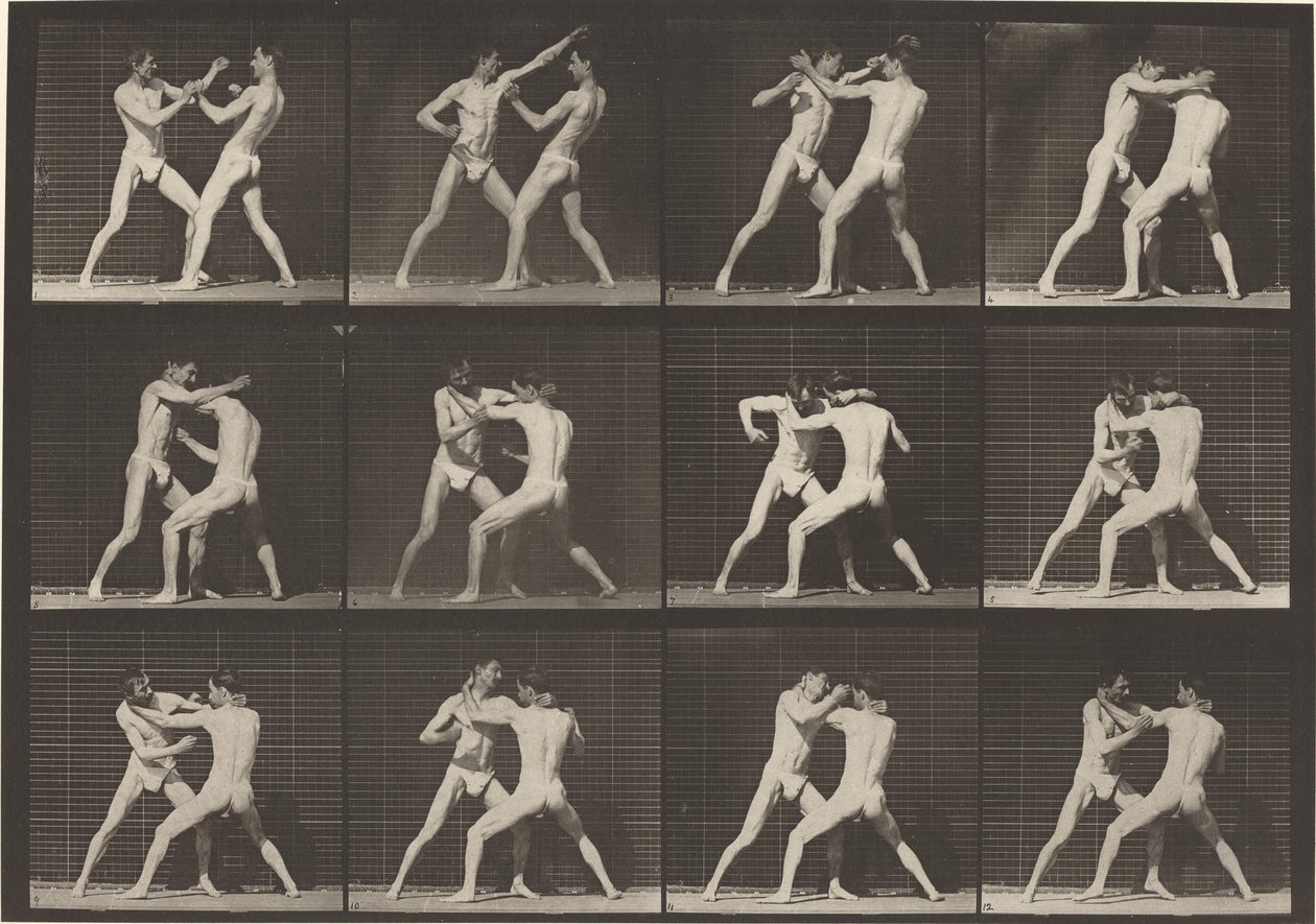 Plaat nummer 340. Boksen, open hand schoenen door Eadweard Muybridge