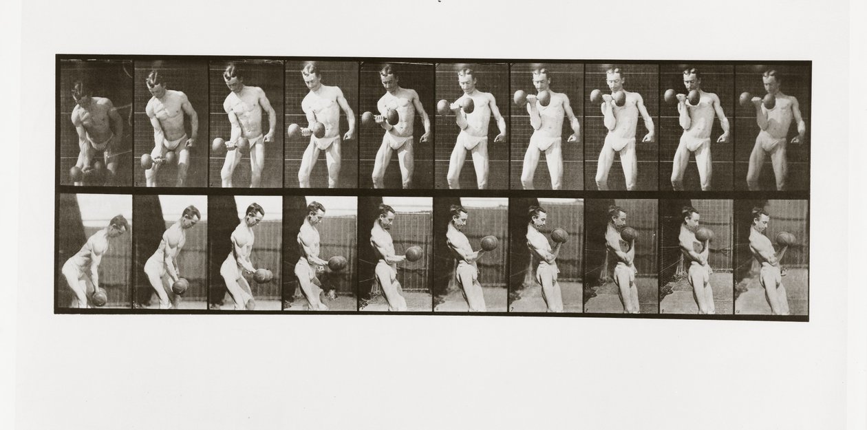 Man die een halter optilt, Plaat 324 uit Animal Locomotion, 1887 door Eadweard Muybridge