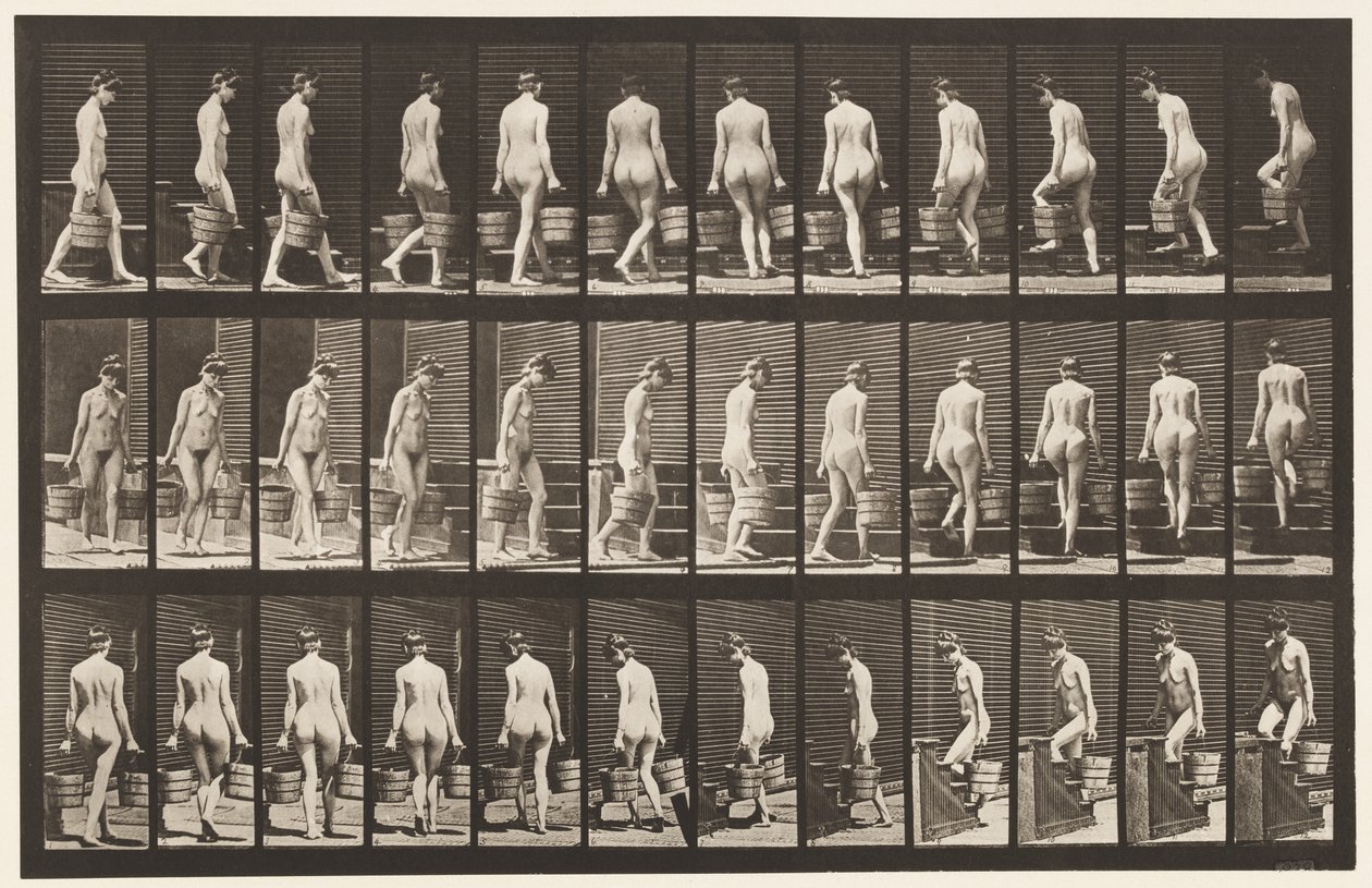 Plaat 104. Draaien en trap oplopen, emmer water in elke hand, 1872-1885 door Eadweard Muybridge