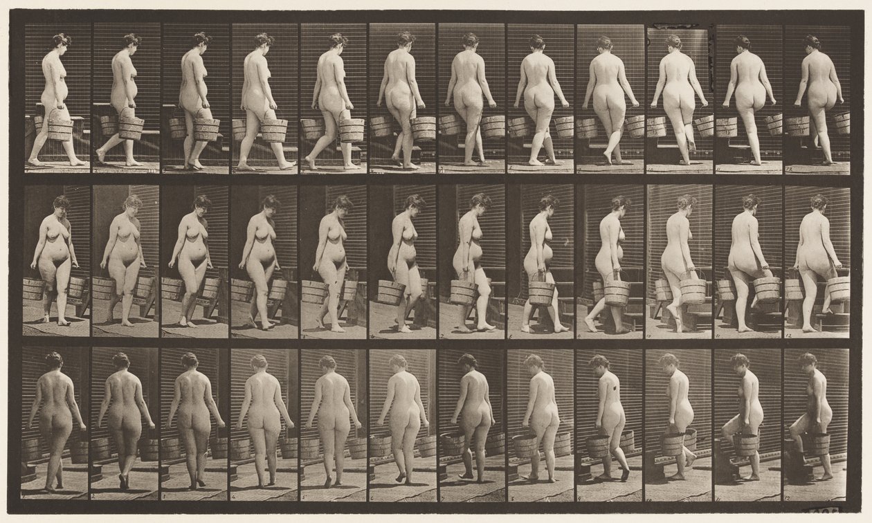 Omdraaien om trap op te lopen, emmer water in elke hand door Eadweard Muybridge