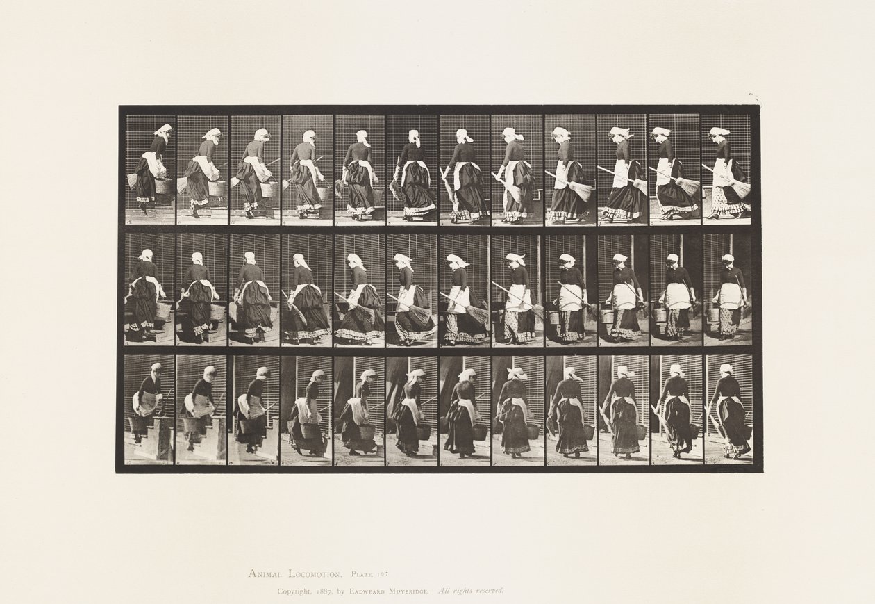 Plaat 107. Draaien om Trappen te Beklimmen, Emmer Water & Bezem in Handen door Eadweard Muybridge