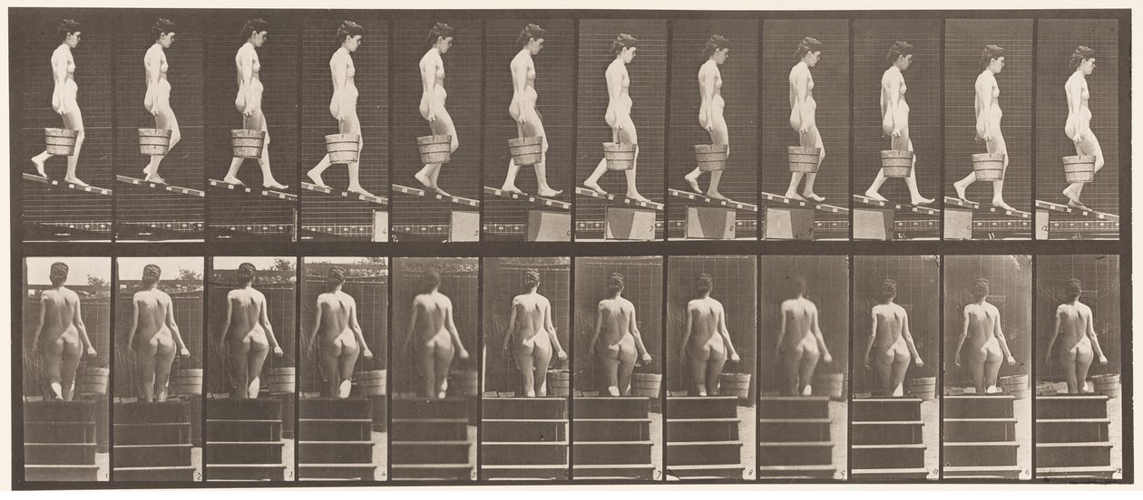 Plaat 120. Helling afdalen, emmer water in rechterhand, 1872-1885 door Eadweard Muybridge