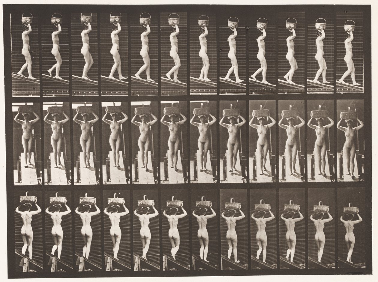 Hellend vlak afdalen, 20-pond mand op hoofd, handen omhoog door Eadweard Muybridge