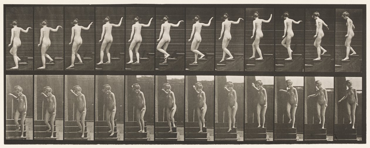 Plaat 132. Trappen afgaan, omkijken en zwaaien door Eadweard Muybridge