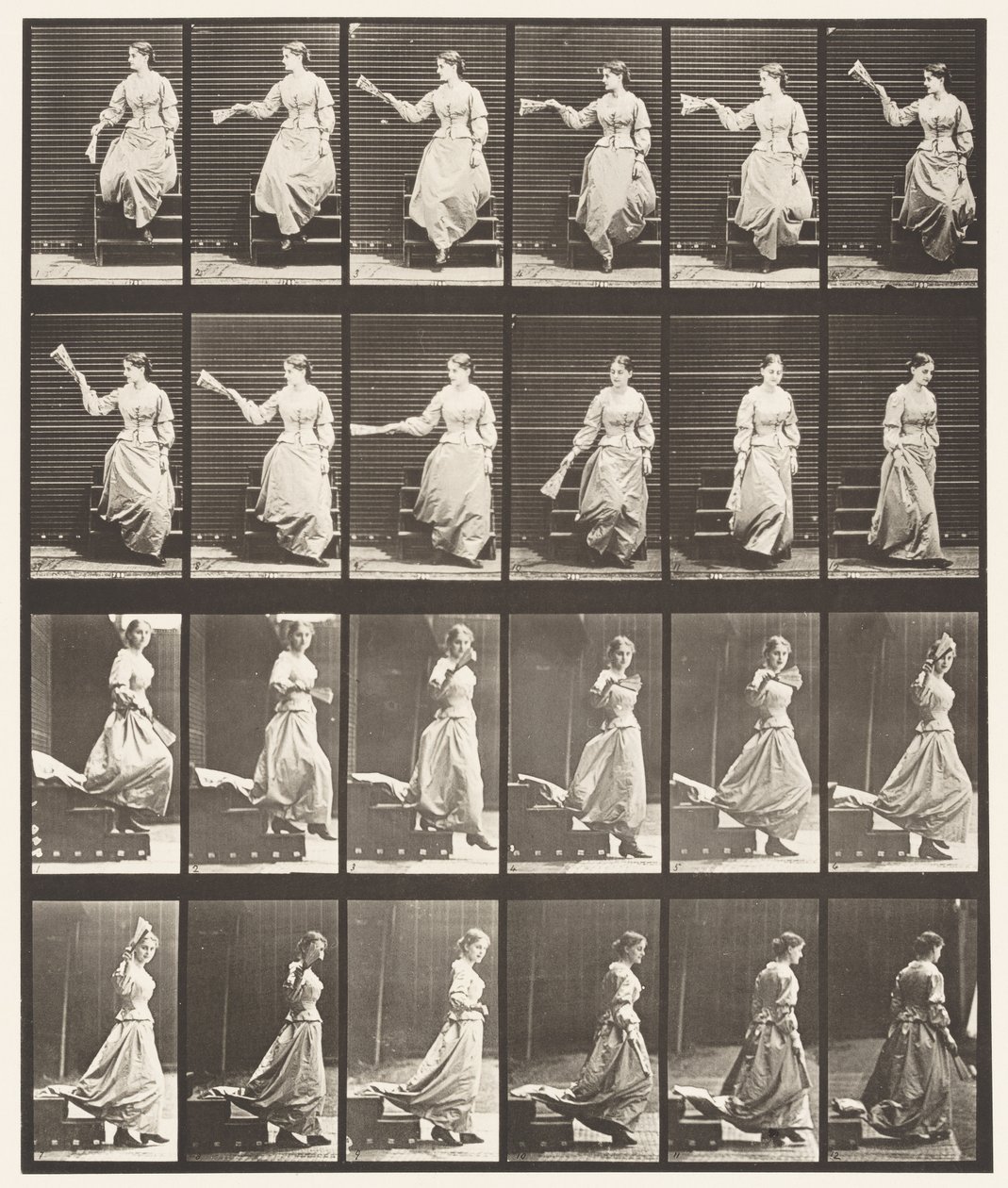 Plaat 140. Trap aflopen, rondkijken en waaier zwaaien door Eadweard Muybridge