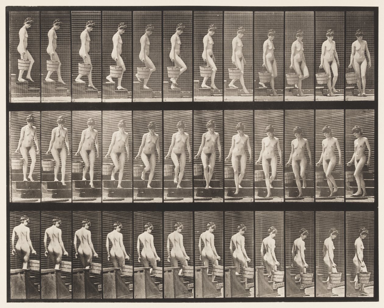 Plaat 145. Trap aflopen; draaien, emmer water in rechterhand, 1872-1885 door Eadweard Muybridge
