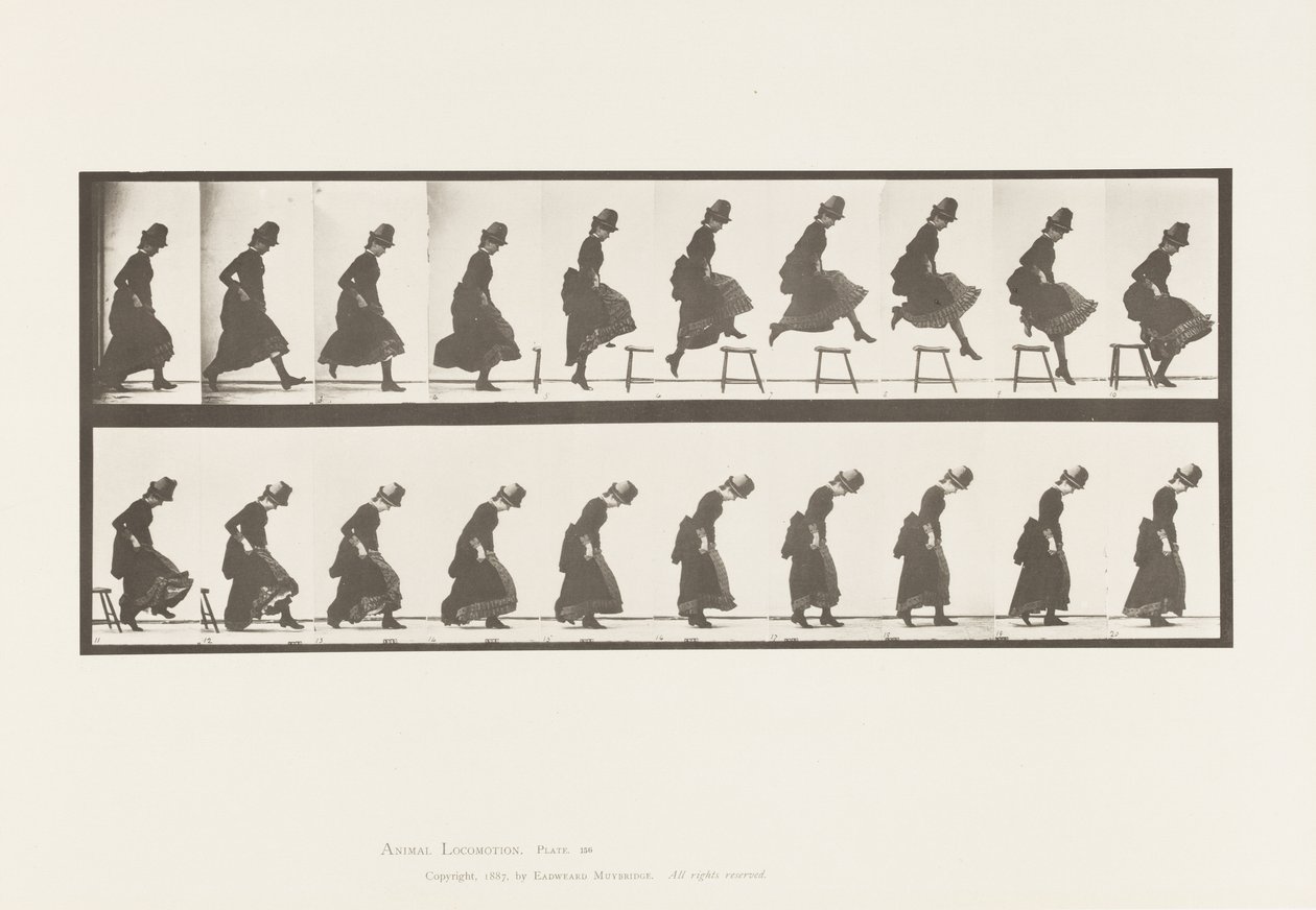 Springen; Rechtuit Rennen Hoge Sprong, 1885 door Eadweard Muybridge