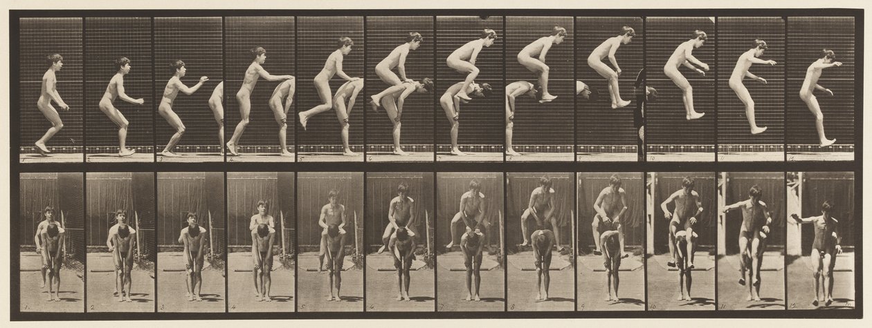 Plaat 168. Springen; Over de rug van een jongen (Leap Frog) door Eadweard Muybridge