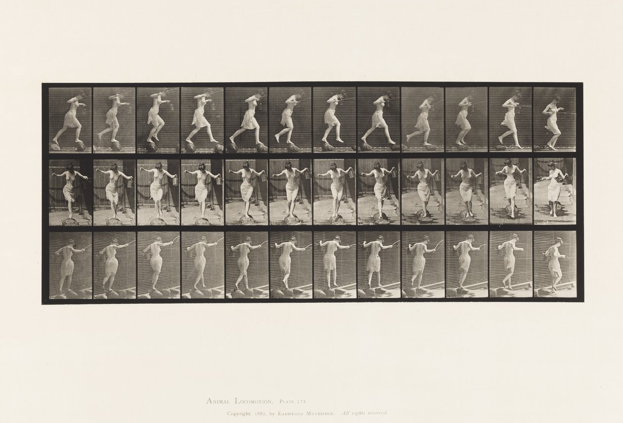 Plaat 175. Oversteken van de beek op stapstenen met visstok en blik door Eadweard Muybridge
