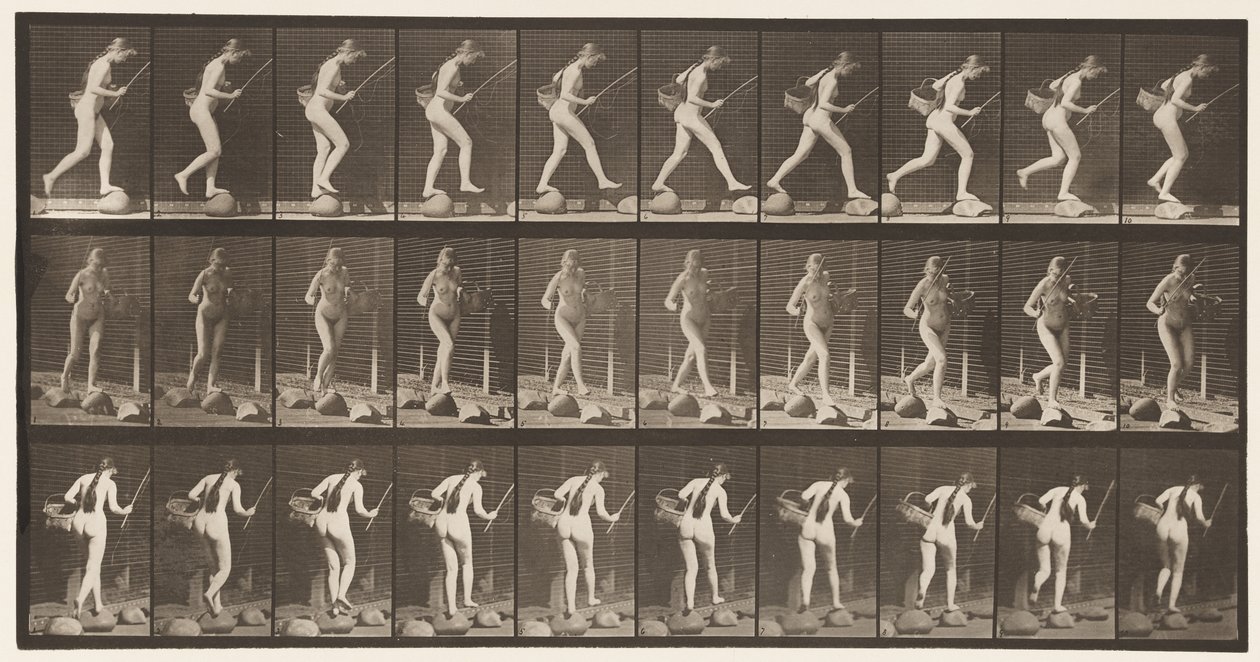 Plaat 177. Beek oversteken op stapstenen met visstok en mand door Eadweard Muybridge
