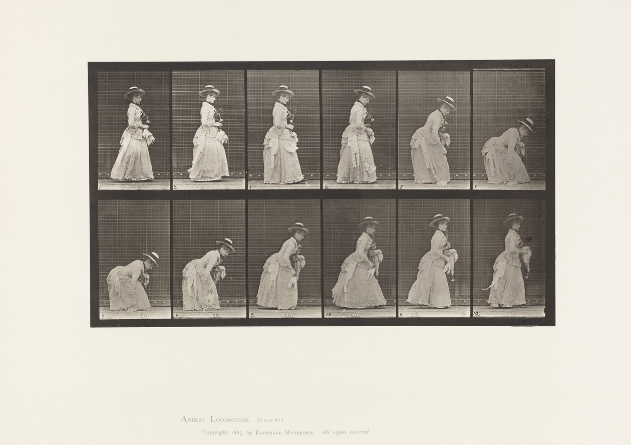 Buk en til zakdoek op; parasol in linkerhand door Eadweard Muybridge
