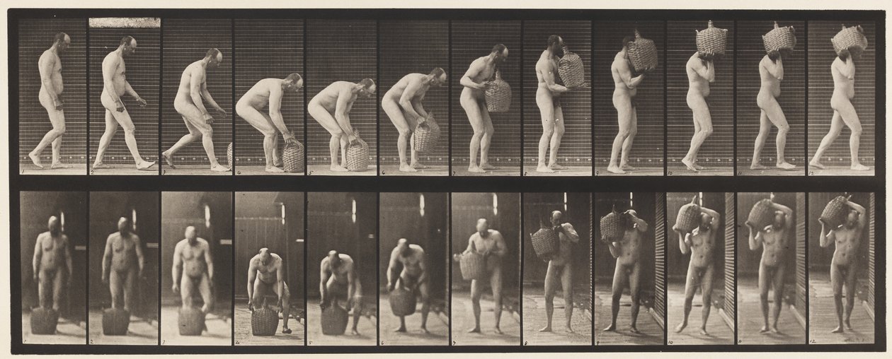 Plaat 218. Bukken en volle demijohn op schouder tillen door Eadweard Muybridge