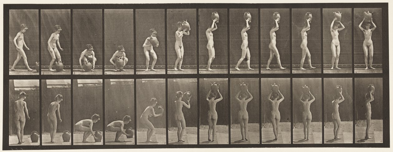 Plaat 222. Bukken en waterkruik op hoofd tillen en draaien door Eadweard Muybridge
