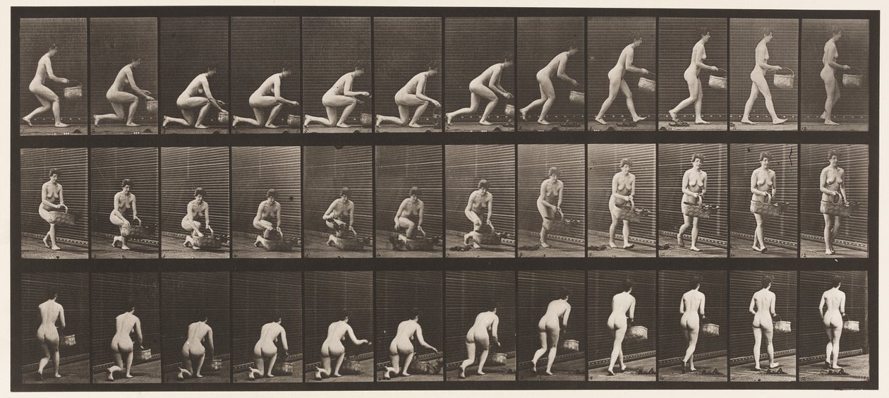 Knielen op Linker Knie, Mand in Linker Hand, en Opstaan, 1872-1885 door Eadweard Muybridge