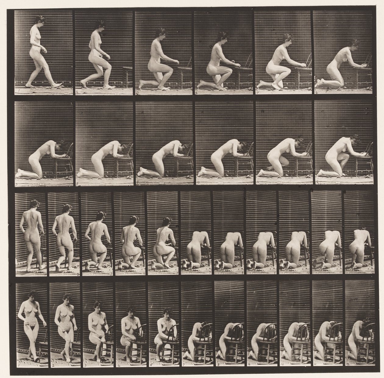 Plaat 254. Knielen, ellebogen op stoel, handen gevouwen door Eadweard Muybridge
