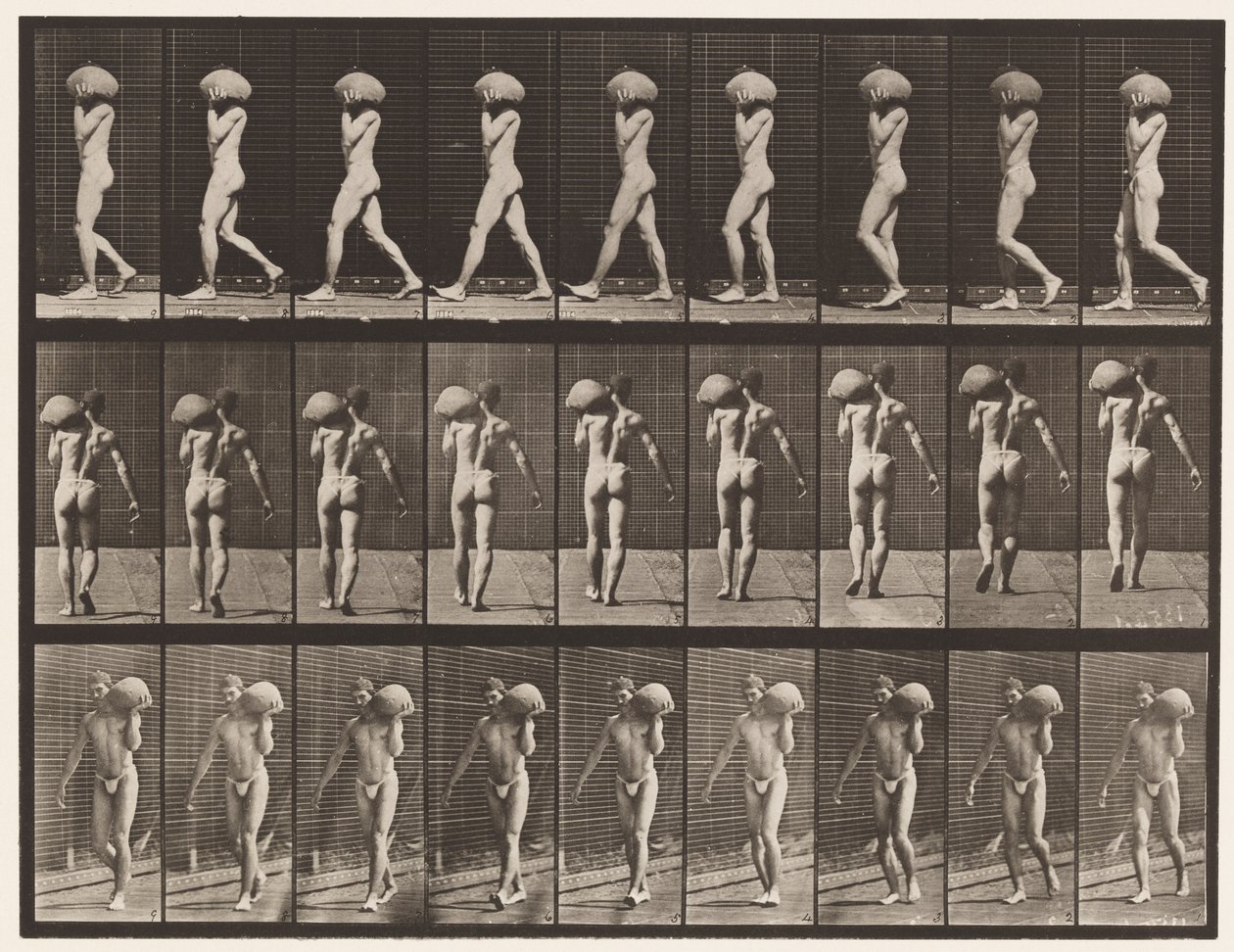 Plaat 26. Wandelen, een 75-pond steen op de linkerschouder dragen door Eadweard Muybridge
