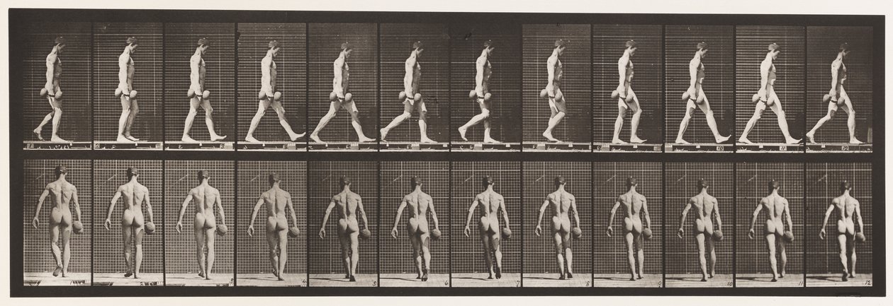 Plaat 28. Lopen, 50 lb. halter in rechterhand dragen, 1872-1885 door Eadweard Muybridge