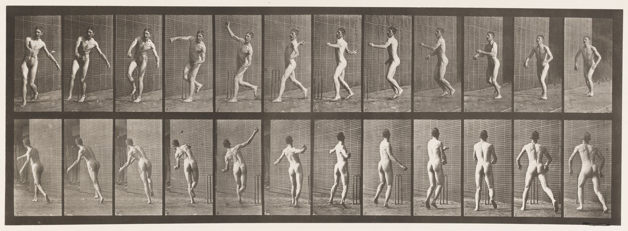 Cricket; bovenarm bowlen door Eadweard Muybridge