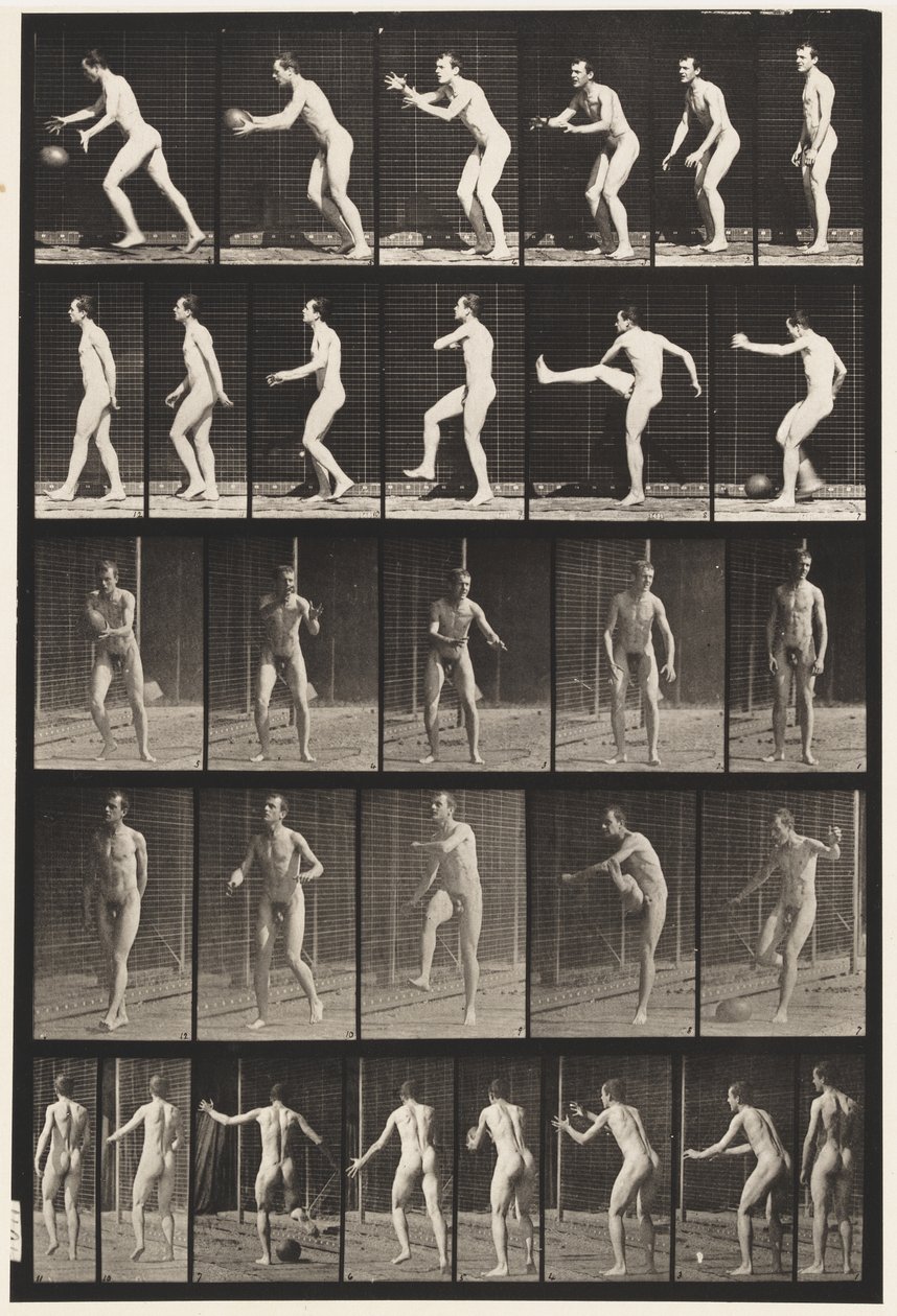 Voetbal; dropkick door Eadweard Muybridge