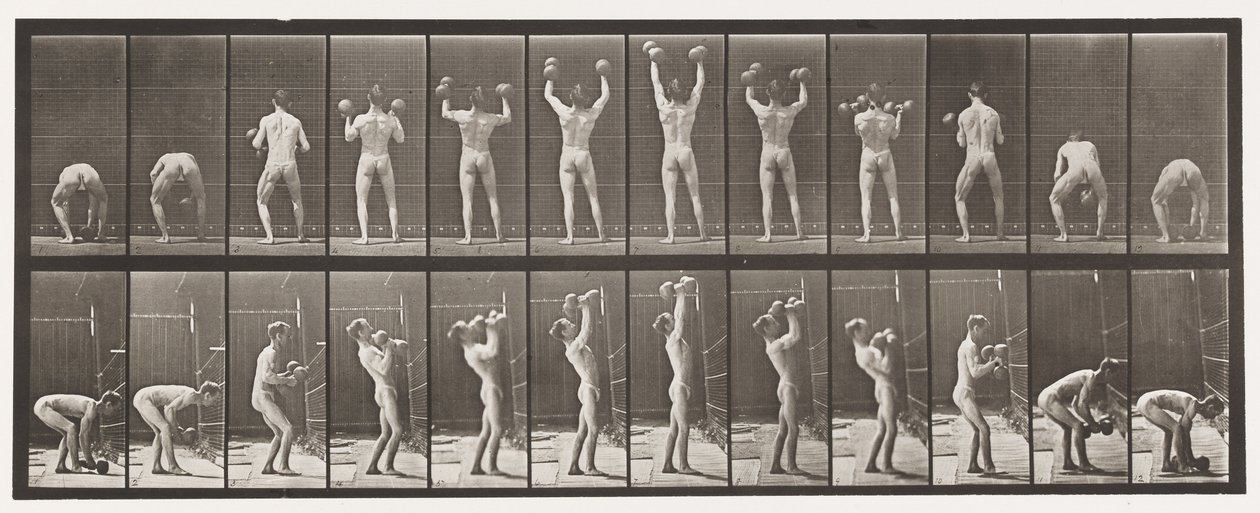 Plaat 323. Tillen en Neerlaten van Twee 50-lb Halters door Eadweard Muybridge