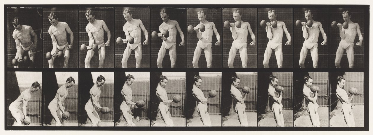 Plaat 324. Krullen van 50-lb Halter, Model, 3/4 lengte door Eadweard Muybridge