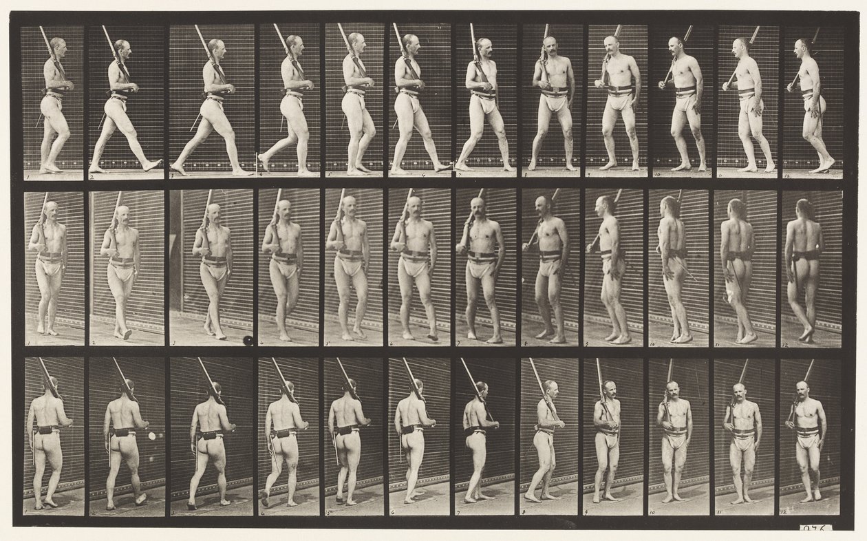 Plaat 355. Op wacht, lopen en omdraaien door Eadweard Muybridge