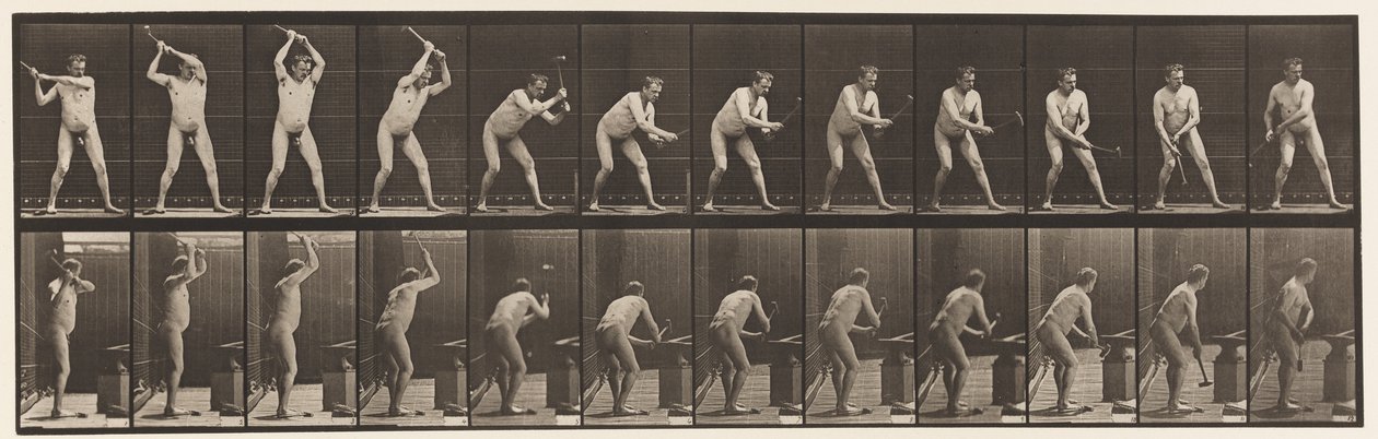 Plaat 376. Smid, hameren op aambeeld, twee handen, 1872-1885 door Eadweard Muybridge