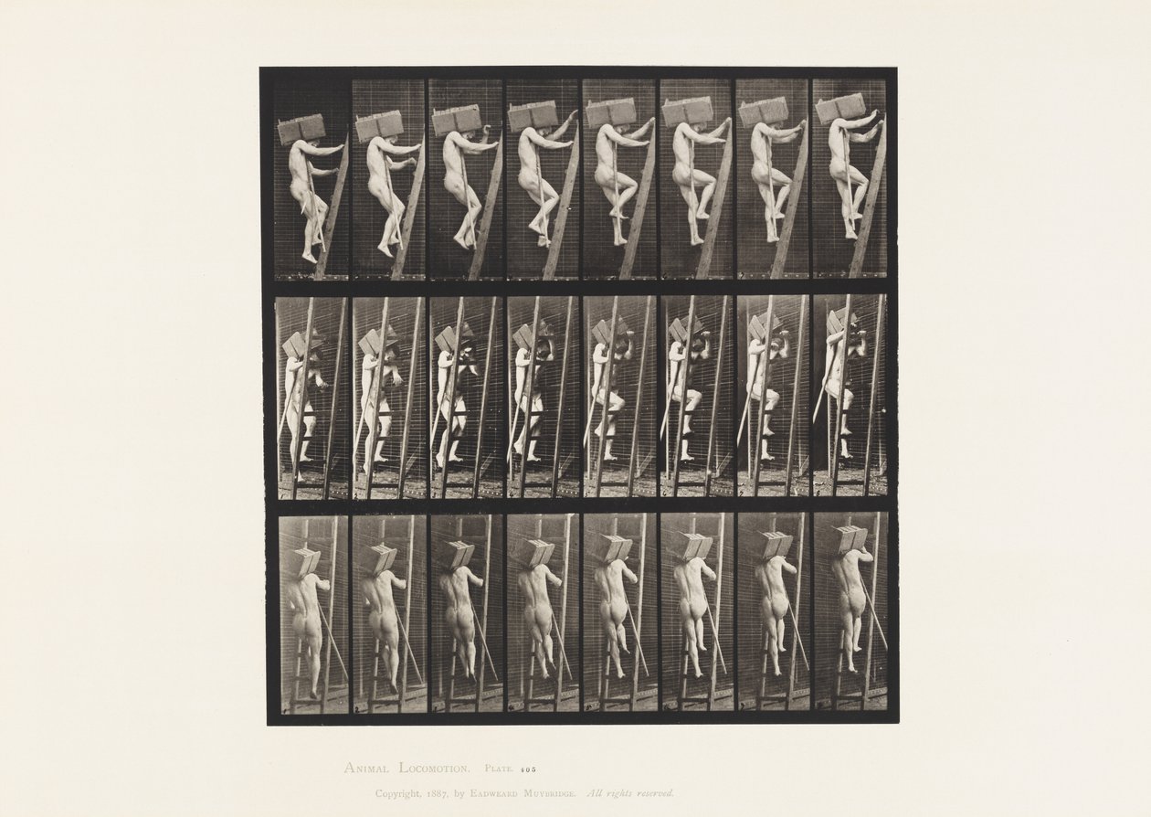 Handvol bakstenen een ladder op dragen door Eadweard Muybridge