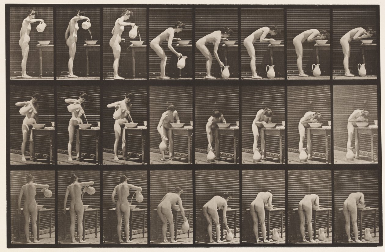 Plaat 413. Water in Kom Gieten en Gezicht Wassen door Eadweard Muybridge