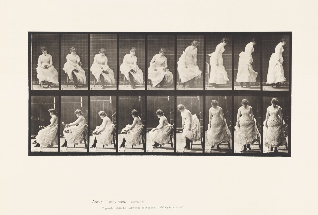 Plaat 422. Toilet; Schoenen aantrekken en opstaan uit stoel, 1885 door Eadweard Muybridge