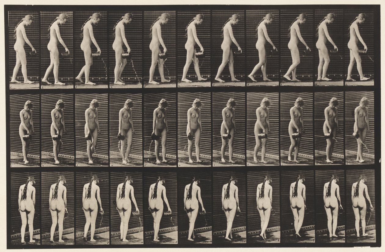 Plaat 42. Wandelen, water uit een kruik gieten door Eadweard Muybridge