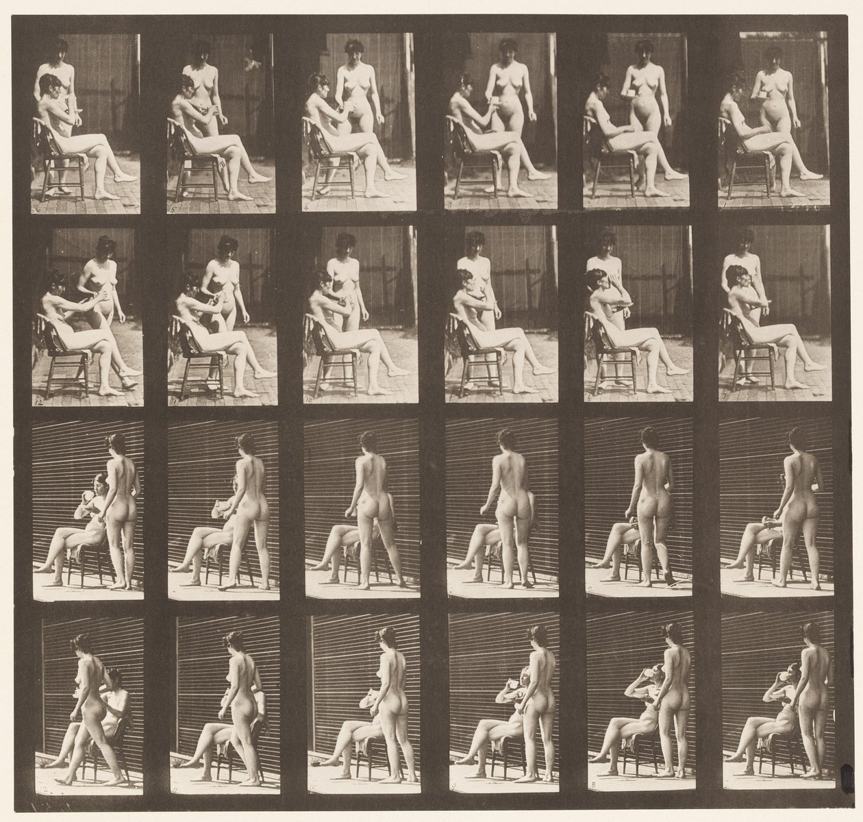 Twee Modellen, 8 Brengt Kopje Thee, 1 Neemt Kopje en Drinkt, 1872-1885 door Eadweard Muybridge