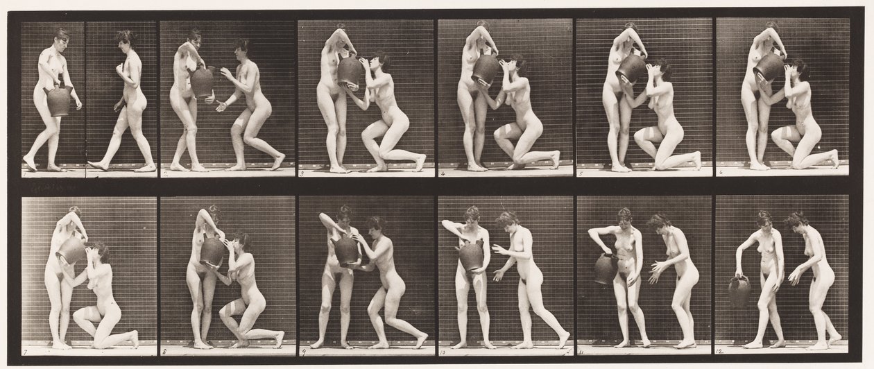 Twee Modellen, 8 Knielt, Drinkt uit Waterkruik in Handen, 1872-1885 door Eadweard Muybridge