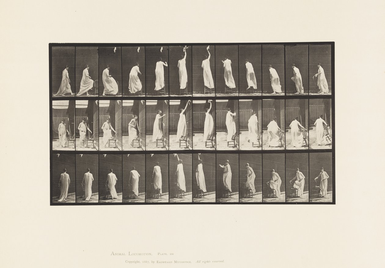 Plaat 459. Op stoel stappen, omhoog reiken en afdalen, 1885 door Eadweard Muybridge