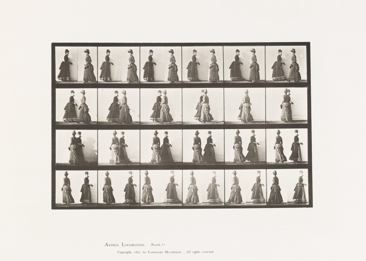 Plaat 45. Lopen Twee Modellen Ontmoeten, en Gedeeltelijk Draaien door Eadweard Muybridge
